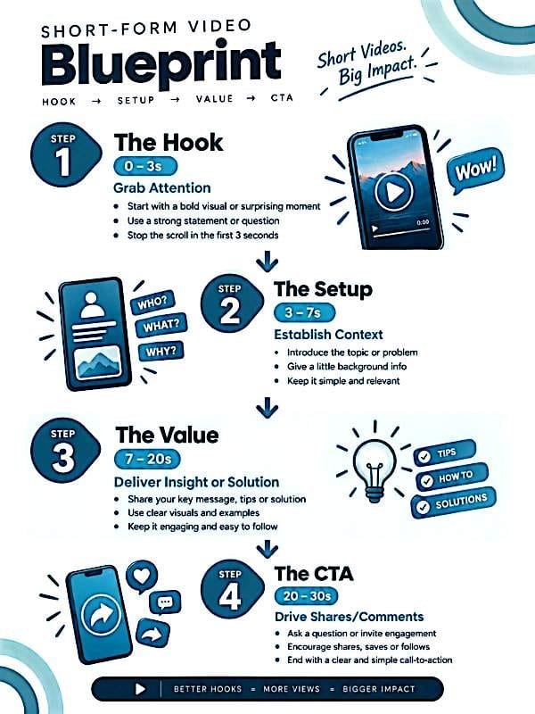 An infographic titled "SHORT-FORM VIDEO Blueprint" with the tagline "Short Videos. Big Impact." It outlines a 4-step formula: HOOK → SETUP → VALUE → CTA.