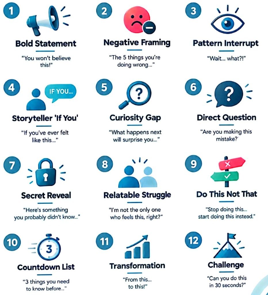 A 3x4 grid infographic listing "12 Proven Hooks for Viral Short-Form Videos". Each box has a number, icon, hook name, and example line, all in blue tones on a white background.
