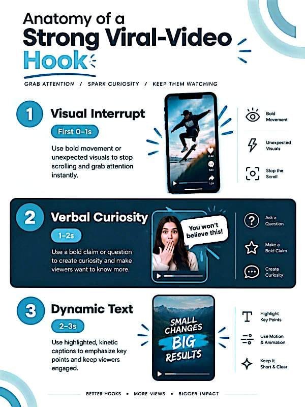 An infographic titled "Anatomy of a Strong Viral-Video Hook" with the subtitle "GRAB ATTENTION / SPARK CURIOSITY / KEEP THEM WATCHING".