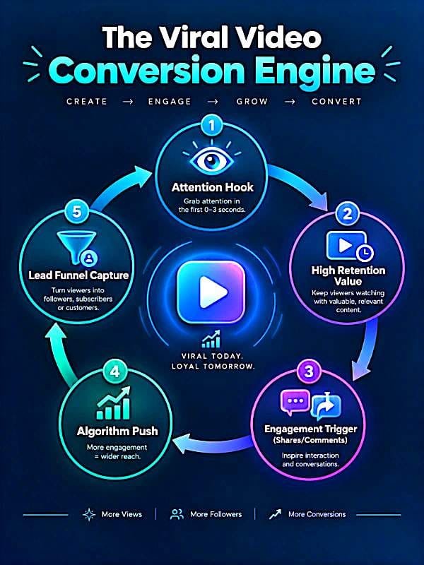 Infographic titled "The Viral Video Conversion Engine" with tagline "CREATE → ENGAGE → GROW → CONVERT" on a dark blue background.

It shows a 5-step circular loop around a central play button icon labeled "VIRAL TODAY, LOYAL TOMORROW":

*1. Attention Hook* - eye icon - "Grab attention in the first 0-3 seconds."
*2. High Retention Value* - video player icon - "Keep viewers watching with valuable, relevant content."
*3. Engagement Trigger (Shares/Comments)* - chat icons - "Inspire interaction and conversations."
*4. Algorithm Push* - growth chart icon - "More engagement = wider reach."
*5. Lead Funnel Capture* - funnel icon - "Turn viewers into followers, subscribers or customers."

Footer reads: "More Views | More Followers | More Conversions".