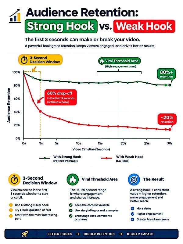 Line graph infographic titled "Audience Retention: Strong Hook vs. Weak Hook" with subtitle "The first 3 seconds can make or break your video."

The Y-axis is Audience Retention (0% to 100%), X-axis is Video Timeline (0s to 30s).

*Green line - With Strong Hook (Pattern Interrupt):* Stays high at 80%+ retention through 30s. Labeled "Viral Threshold Area (High engagement zone)".

*Red line - With Weak Hook (No Hook):* Drops sharply showing "60% drop-off in the first 3 seconds (without a hook)" down to ∼40% at 3s, then declines to ∼20% retention at 30s.

A "3-Second Decision Window" is marked at 0-3s.

Bottom sections:
*3-Second Decision Window:* Viewers decide in first 3 seconds whether to stay or scroll. Tips: Use a strong visual hook, Try a bold question or fact, Start with the most interesting part.
*Viral Threshold Area:* The 15-25 second range is where engagement and shares increase. Tips: Keep content valuable, Use storytelling or real examples, Encourage likes, comments or shares.
*The Result:* A strong hook + consistent value = higher retention, more engagement and better reach. Benefits: More views, Higher engagement, Greater brand awareness.

Footer: "BETTER HOOKS → HIGHER RETENTION → BIGGER IMPACT".