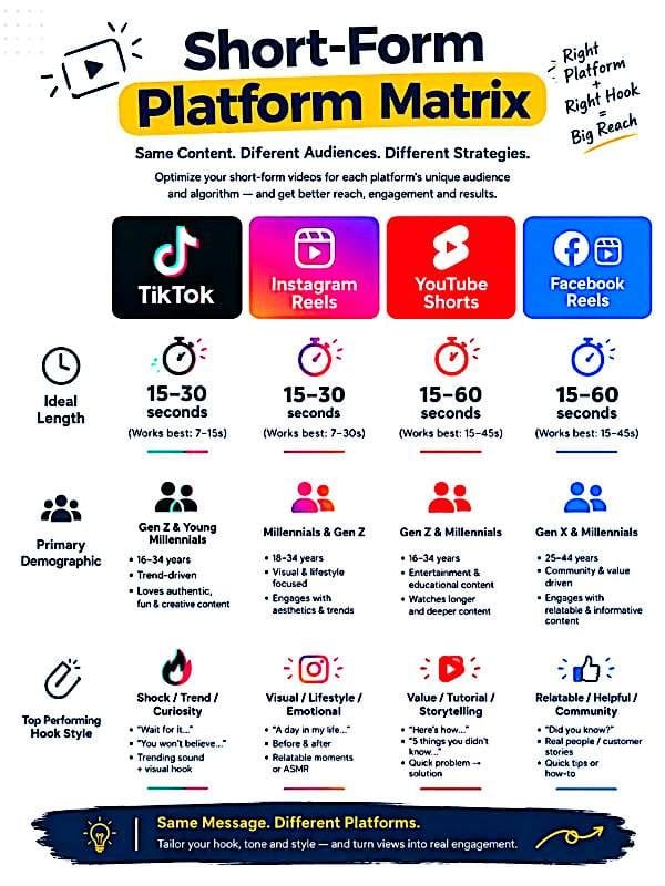 Infographic titled "Short-Form Platform Matrix" with subtitle "Same Content. Different Audiences. Different Strategies."

It compares 4 platforms in columns:

*TikTok:*
- Ideal Length: 15-30 seconds (Works best: 7-15s)
- Primary Demographic: Gen Z & Young Millennials - 16-34 years, Trend-driven, Loves authentic, fun & creative content
- Top Performing Hook Style: Shock / Trend / Curiosity - "Wait for it...", "You won't believe...", Trending sound + visual hook

*Instagram Reels:*
- Ideal Length: 15-30 seconds (Works best: 7-30s)
- Primary Demographic: Millennials & Gen Z - 18-34 years, Visual & lifestyle focused, Engages with aesthetics & trends
- Top Performing Hook Style: Visual / Lifestyle / Emotional - "A day in my life...", Before & after, Relatable moments or ASMR

*YouTube Shorts:*
- Ideal Length: 15-60 seconds (Works best: 15-45s)
- Primary Demographic: Gen Z & Millennials - 16-34 years, Entertainment & educational content, Watches longer and deeper content
- Top Performing Hook Style: Value / Tutorial / Storytelling - "Here's how...", "3 things you didn't know...", Quick problem → solution

*Facebook Reels:*
- Ideal Length: 15-60 seconds (Works best: 15-45s)
- Primary Demographic: Gen X & Millennials - 25-44 years, Community & value driven, Engages with relatable & informative content
- Top Performing Hook Style: Relatable / Helpful / Community - "Did you know?", Real people/customer stories, Quick tips or how-to

Footer: "Same Message. Different Platforms. Tailor your hook, tone and style — and turn views into real engagement."