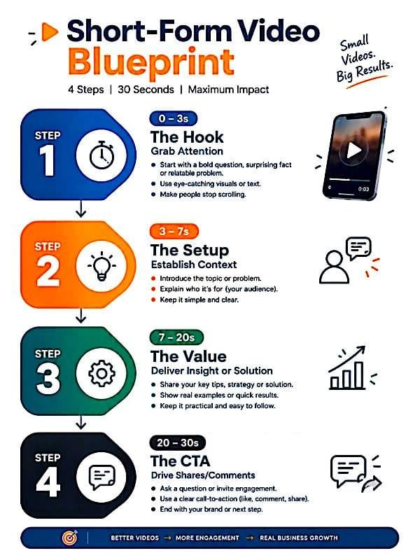 Infographic titled "Short-Form Video Blueprint" with subtitle "4 Steps | 30 Seconds | Maximum Impact" and tagline "Small Videos. Big Results."

*Step 1 - 0-3s, The Hook: Grab Attention*
- Start with a bold question, surprising fact or relatable problem.
- Use eye-catching visuals or text.
- Make people stop scrolling.

*Step 2 - 3-7s, The Setup: Establish Context*
- Introduce the topic or problem
- Explain who it's for (your audience).
- Keep it simple and clear.

*Step 3 - 7-20s, The Value: Deliver Insight or Solution*
- Share your key tips, strategy or solution.
- Show real examples or quick results.
- Keep it practical and easy to follow.

*Step 4 - 20-30s, The CTA: Drive Shares/Comments*
- Ask a question or invite engagement.
- Use a clear call-to-action (like, comment, share).
- End with your brand or next step.

Footer: "BETTER VIDEOS → MORE ENGAGEMENT → REAL BUSINESS GROWTH"